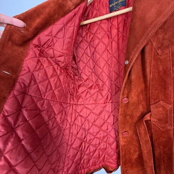 Vintage 70s Rust Suede Leather Jacket | Retro Belted Coat | Made in Korea - Picture 7 of 15